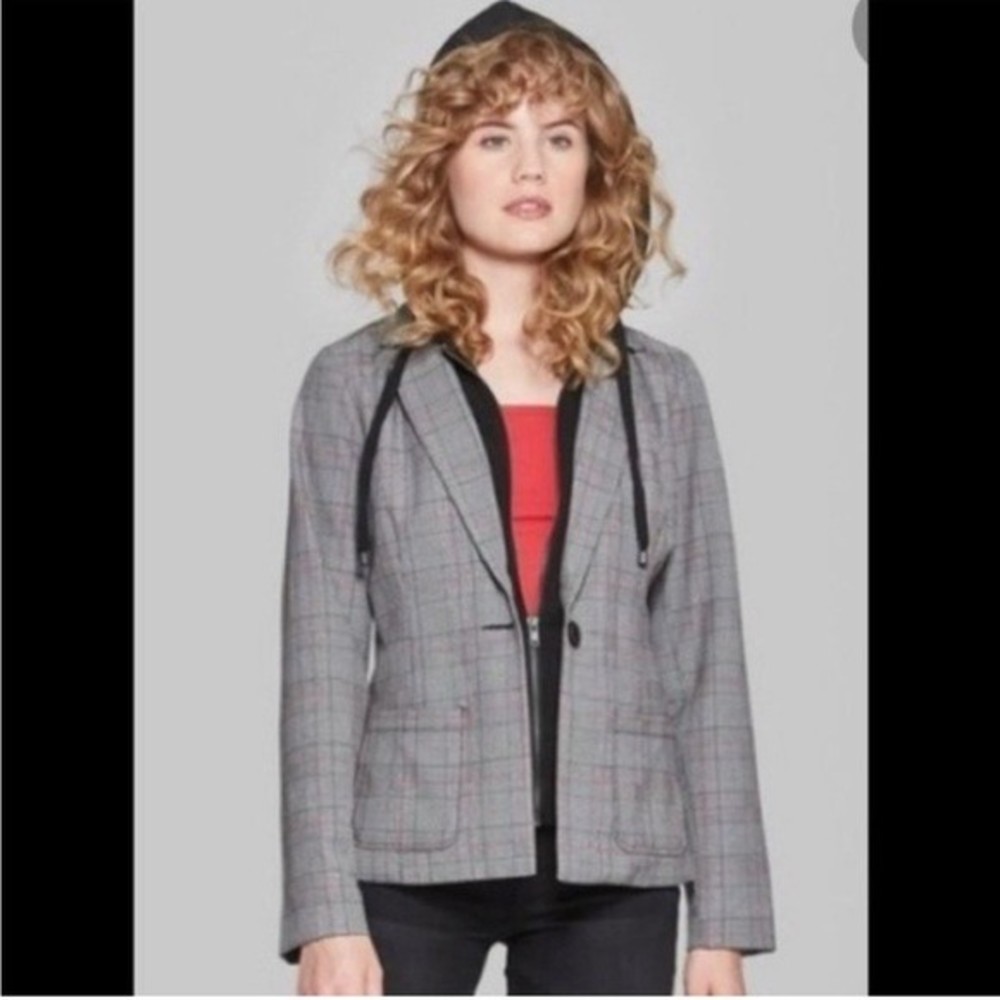 Wild Fable - Black, White, Red Plaid Hooded Blazer Jacket Size Medium